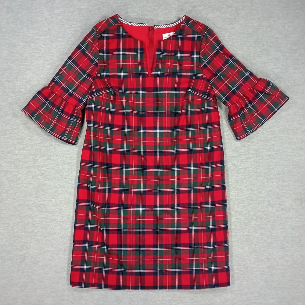 Vineyard Vines Red Plaid Ruffle Sleeve Shift Dress Holiday Stewart Tartan 4